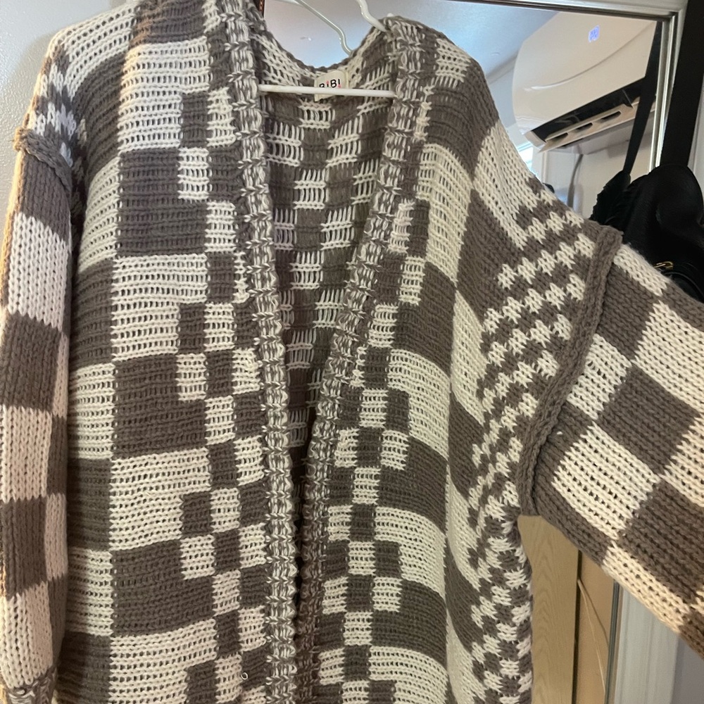 BiBi Brown and Cream Checkered Cardigan Sweater